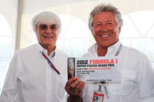 Mario Andretti gives Bernie Ecclestone F1 USGP ticket