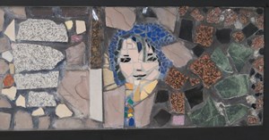 Bart Mosaic Mural Girl looking through ruins Black Border