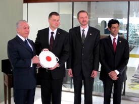 Photo: From the left: Vice President of Brazil, Michel Miguel Elias Temer Lulia, Prime Minister of Latvia, Valdis Dombrovskis, CEO of SAF Tehnika, Normunds Bergs and Director of wi2be, Amir Qamar