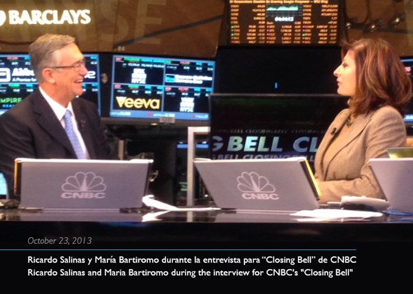 Ricardo Salinas & Maria Bartiromo during the interview for CNBC's "Closing Bell"