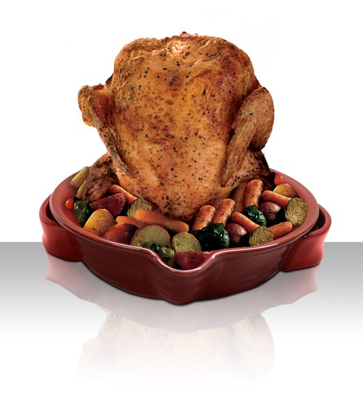 Featuring handles, a pour spout, room for vegetables, and a center cylinder for wine or beer, this unique ceramic roaster makes it possible to prepare a succulent wine (or beer) infused chicken - with vegetables - in less than two hours.