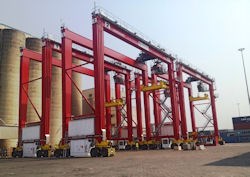 Sixteen-wheel Konecranes RTGs undergoing commissioning in container terminal in Pointe Noire, Congo.