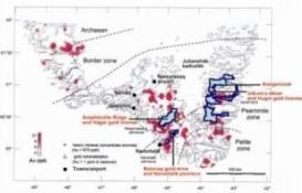Guld-anomali-kort over Sydgrønland inklusive Nanortalik Gold Province samt lokaliteterne nævnt i denne meddelelse, NunaMinerals’ licensområder er indrammet. Kortet er modificeret efter Steenfeldt, A (2000: Geochemical signatures of gold provinces in South Greenland. Transactions of the Institution of Mining and Metallurgy, Section B, Applied Earth Science 109 (Section B): B14-B22.