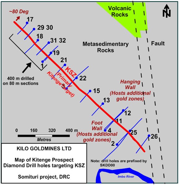 Figure 1- Map illustrating the infill Kitenge diamond drill holes SKDD0029 to 32 inclusive, 2013-01-07