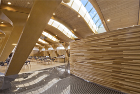Metsätapiola's personnel restaurant where the most imposing elements are Metsä Wood Kerto wood beams, plywood girders and ceiling elements.