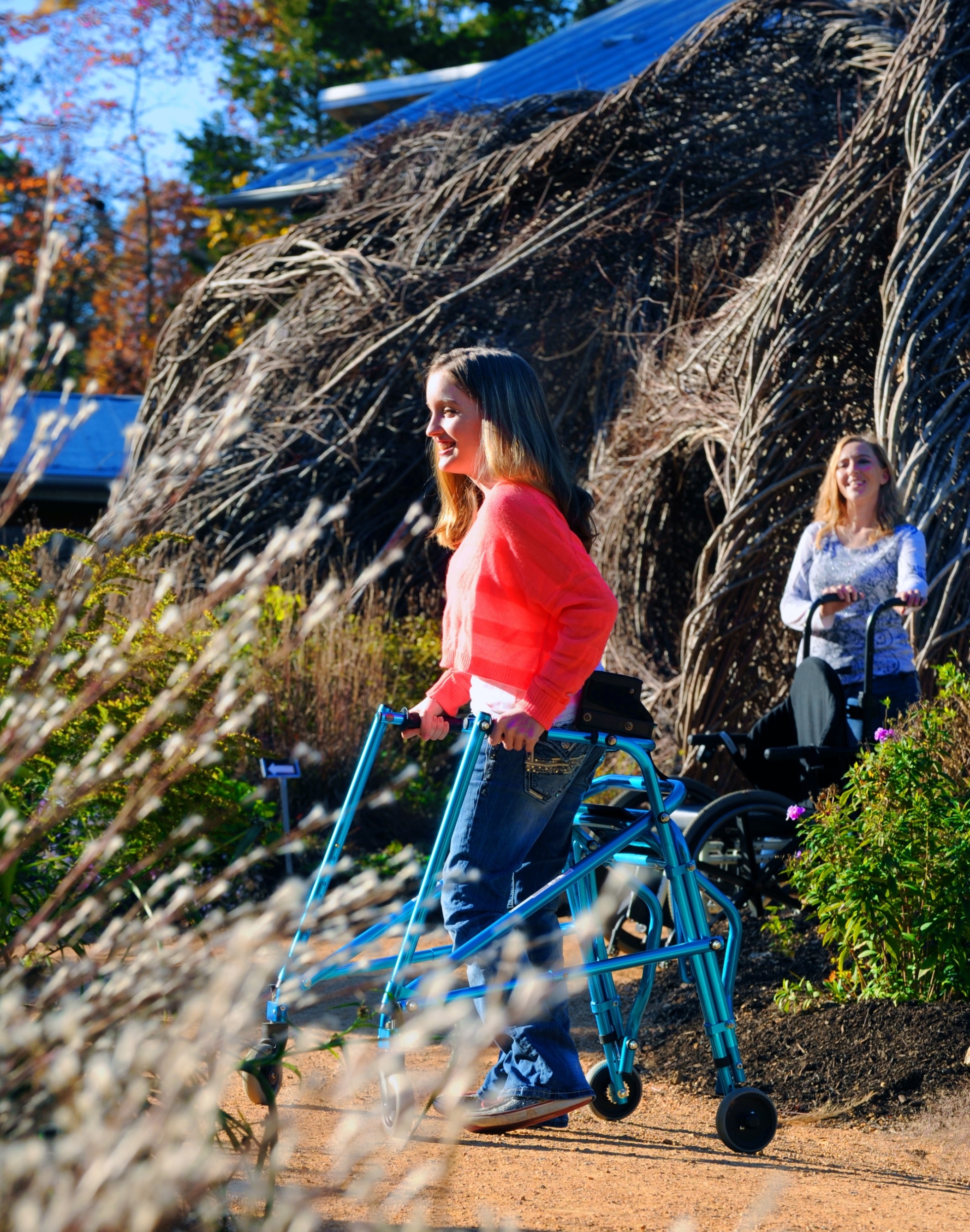 Mother Jeannie Moize and daughter Lilly Moize (red sweater) visit the North Carolina Botanical Garden in Chapel Hill, NC