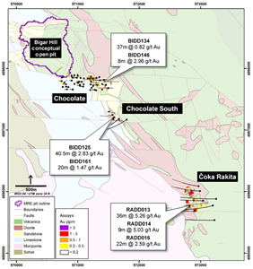 Figure 1: Overview geological map of Bigar Hill, with location of recent drilling and notable results from the Chocolate, Chocolate South and Coka Rakita prospects.